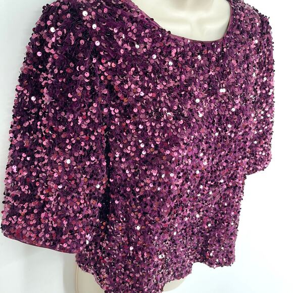 Nanette Lepore NEW Plum Sequin Crop Top Womens Sz L Purple Short Sleeve Lined - Picture 2 of 8